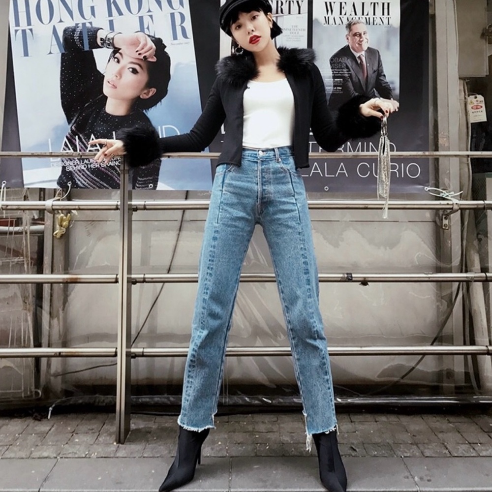 High-rise Cropped Asymmetrical Straight Denim Jeans